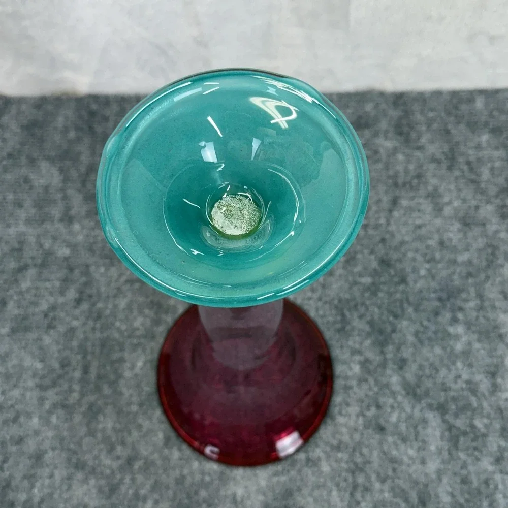 Hand Blown Glass Trumpet Vase Cranberry Teal Base Yellow Knob 12.5
